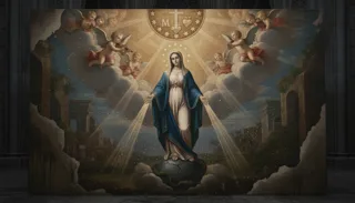 Devotional painting of the Virgin in a blue cloak with open arms standing on a globe, rays and cherubs among clouds