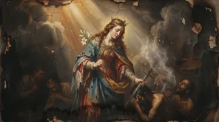 St Dymphna crowned, holding a lily and sword, standing over shadowed kneeling men amid beams of light