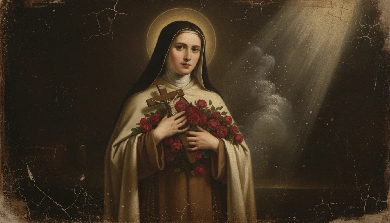 Santa Teresina in abito carmelitano stringe un crocifisso e un mazzo di rose rosse tra le braccia