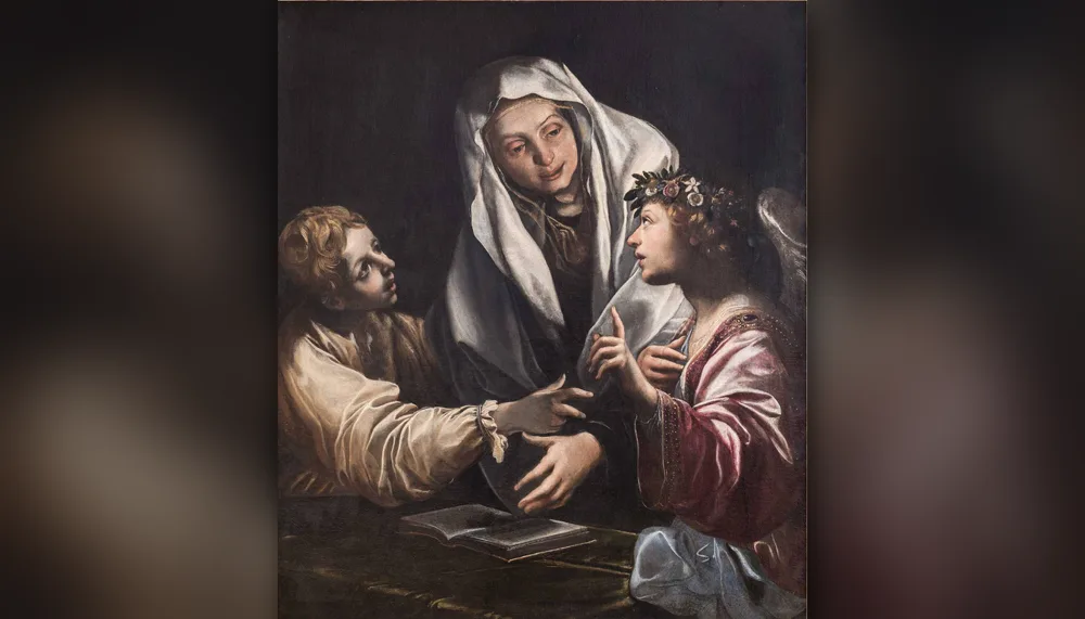 Santa Francisca Romana, viúva de véu, volta-se para o arcanjo que lhe foi dado como anjo da guarda — Alessandro Tiarini
