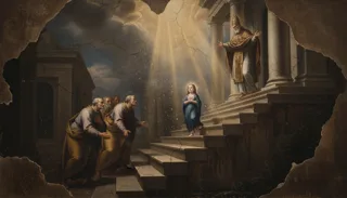 Mała Maryja w błękitnej szacie wstępuje po schodach świątyni ku kapłanowi, za nią mężczyźni, z góry pada światło