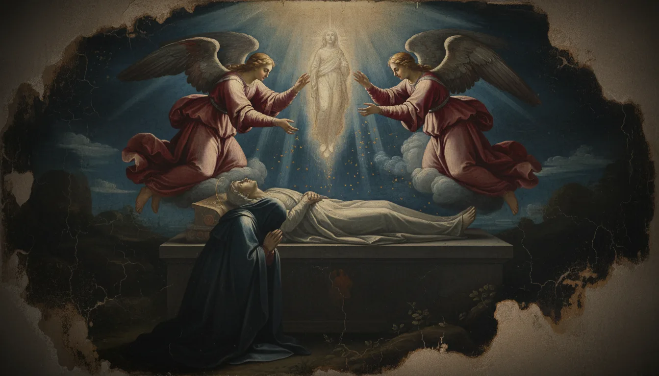 Angels bearing a luminous soul upward from a shrouded body