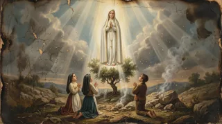 A radiant white-robed Virgin floats above a small tree as three children kneel praying in a rocky landscape