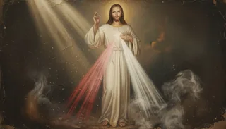 Cristo de túnica blanca bendice con rayos rojos y pálidos brotando de su pecho, entre la niebla que se eleva