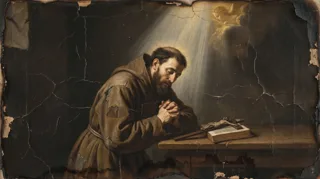 Devotional painting of a bearded friar in a brown robe kneeling in prayer before a crucifix and an open book