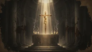 A crucifix mounted above a stone altar with lit candles and rising incense, a light beam piercing the church interior