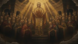 Maryja w szacie stoi na półksiężycu i wężu, dwa anioły ją koronują, obok wieża i róża na złotym tle