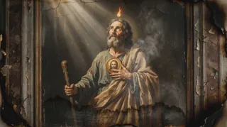 San Judas Tadeo con aureola y manto verde dorado, llama sobre su cabeza, sostiene una imagen de Cristo