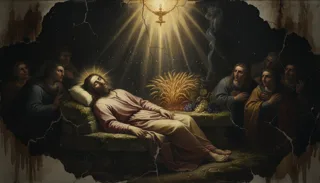 Hombre arrodillado con manos juntas ora bajo haces de luz radiante, en un entorno oscuro y agrietado