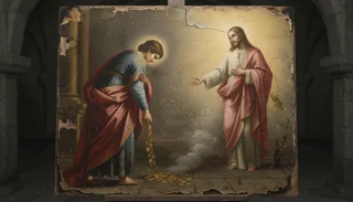 Aged oil painting of a haloed man in blue and red robes pouring out gold coins as a haloed Christ gestures toward him
