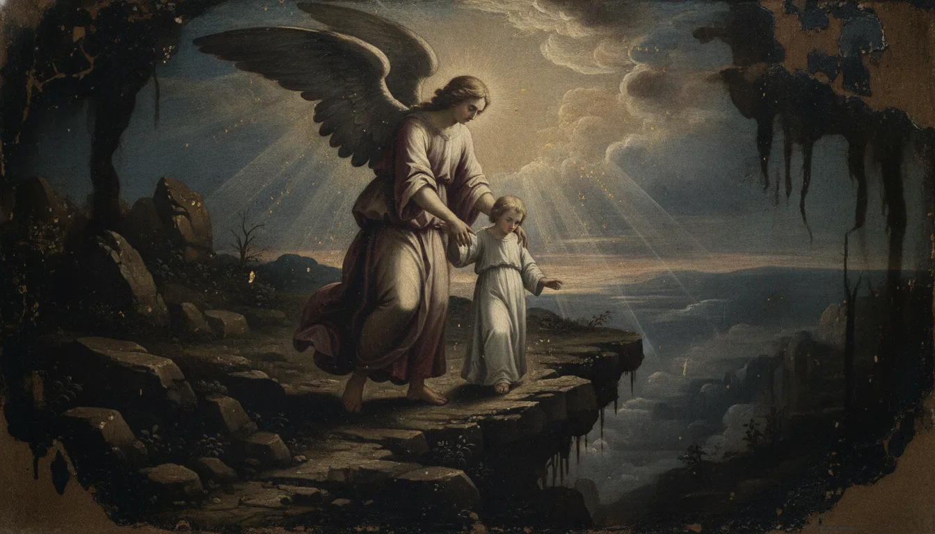 Un angelo custode guida un bambino lungo un sentiero pericoloso sopra un precipizio all'alba