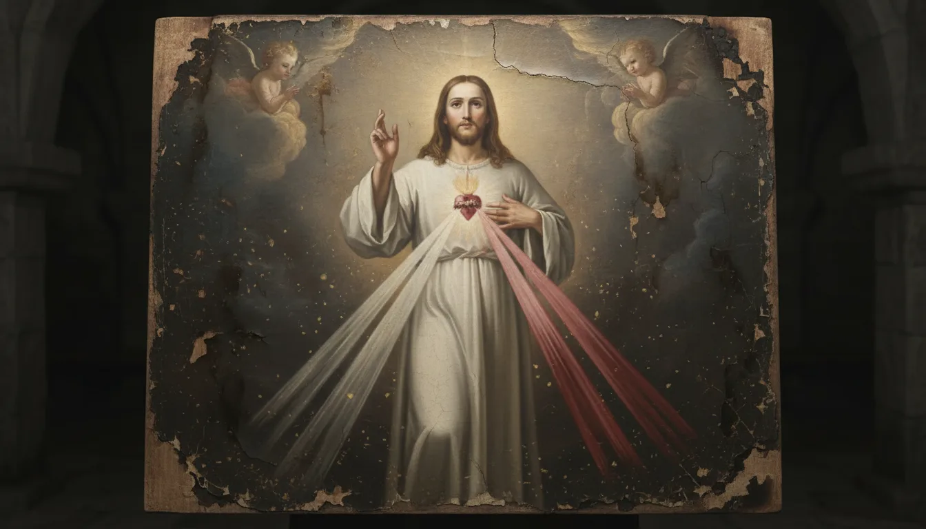 L'image de la Miséricorde Divine : le Christ en robe blanche bénissant, deux rayons pâle et rouge jaillissant de son Cœur