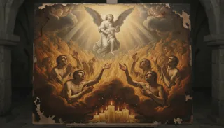 Devotional painting of an angel bearing a soul upward from the flames as figures reach up amid candlelight