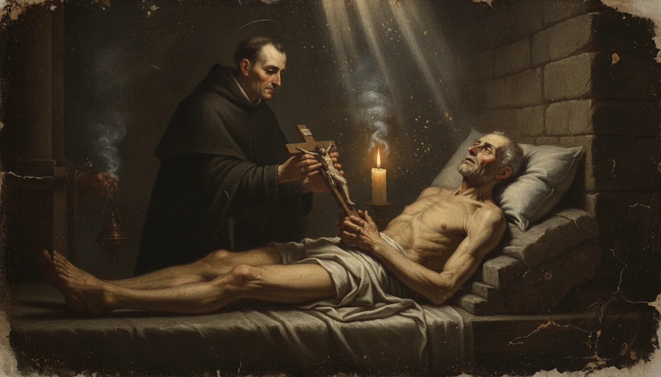 A robed priest placing a crucifix in the hands of a dying man reclining in a dim stone chamber with candles