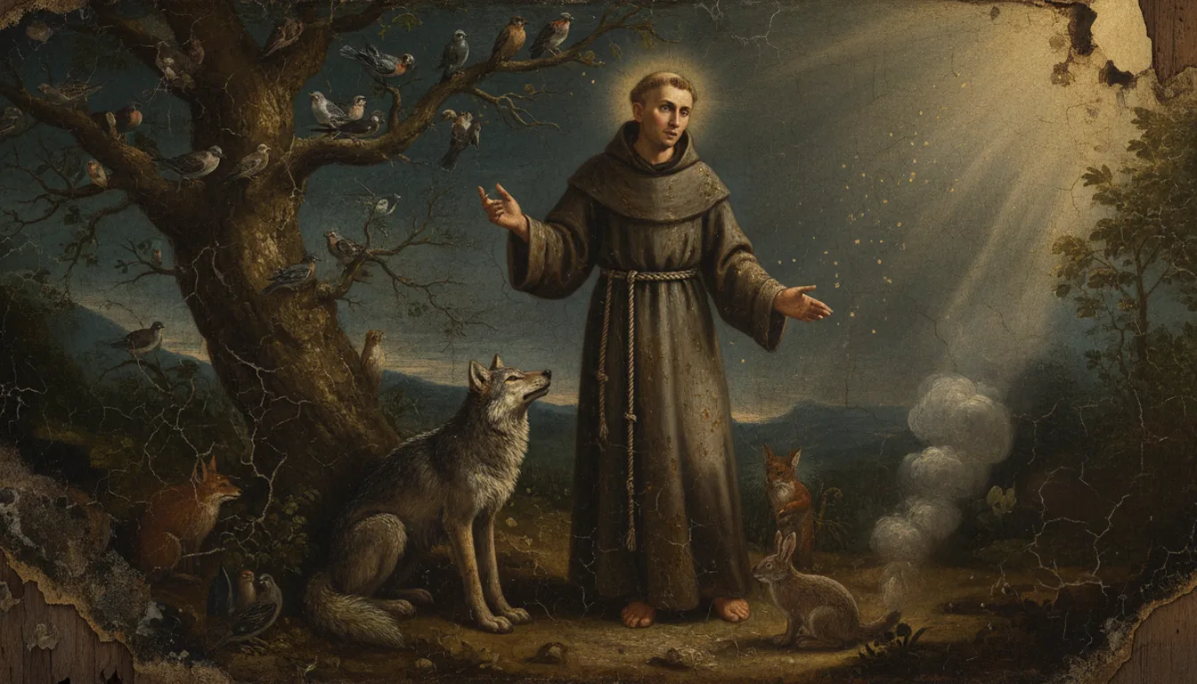 St Francis in a rough robe preaching to gathered birds beneath a tree, animals at his feet