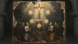 Jesus glorioso de braços abertos entre nuvens, com a coroa de espinhos da Paixão abaixo, sob um arco de pedra