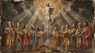 Figura in veste bianca che ascende tra le nubi irraggiando luce sopra uomini in veste con libri, chiavi e croci