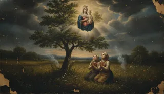 Ukoronowana Madonna z Dzieciątkiem ukazuje się w jaśniejących obłokach nad drzewem, dwie kobiety klęczą modląc się na łące