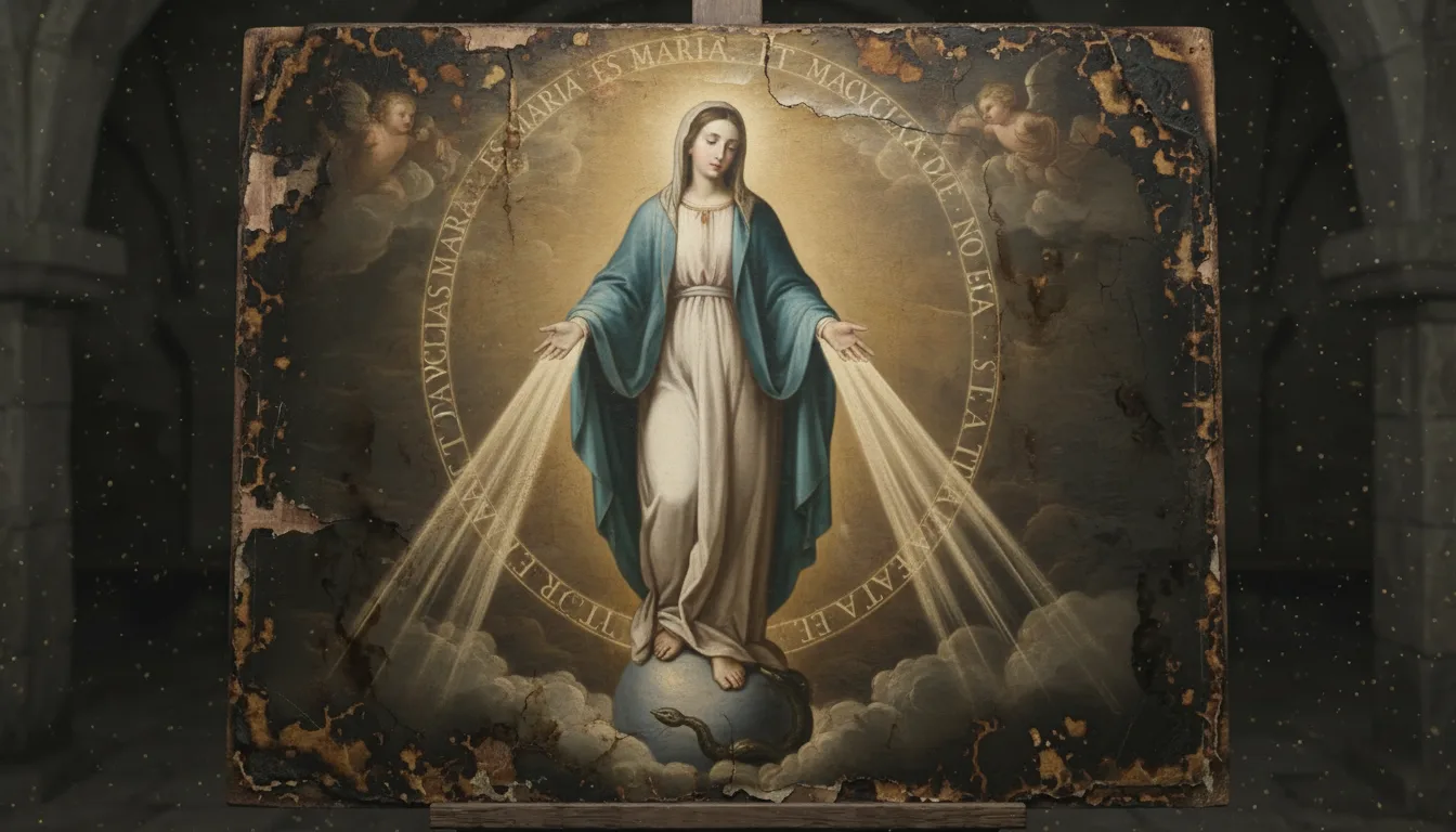 L'Immacolata in piedi su un globo, i piedi che schiacciano il serpente, le mani irradianti fasci di luce