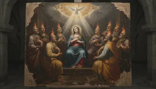 Our Lady seated among the kneeling Apostles, flames above their heads, as a white dove descends in rays of light