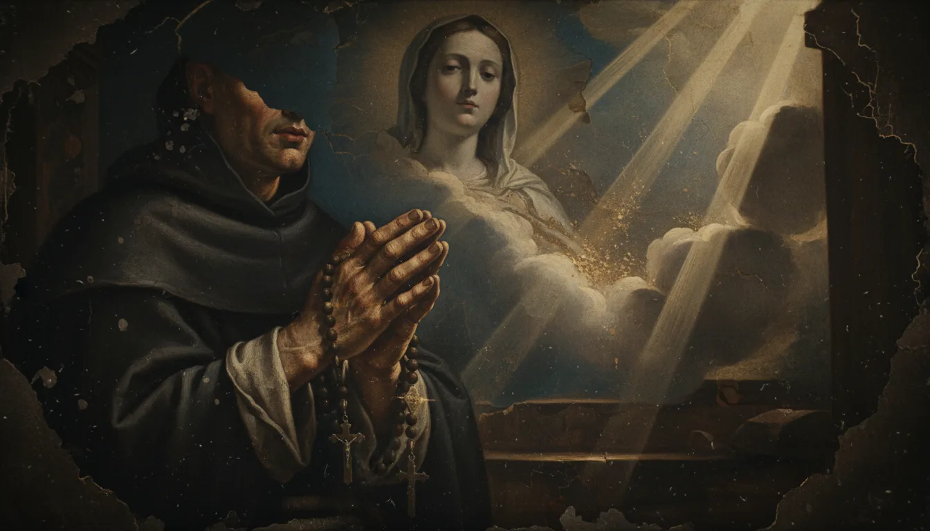 Mãos de um monge segurando um rosário em oração diante de uma imagem de Nossa Senhora