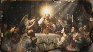 A robed priest elevates a glowing host over a chalice at a table surrounded by kneeling figures and angels