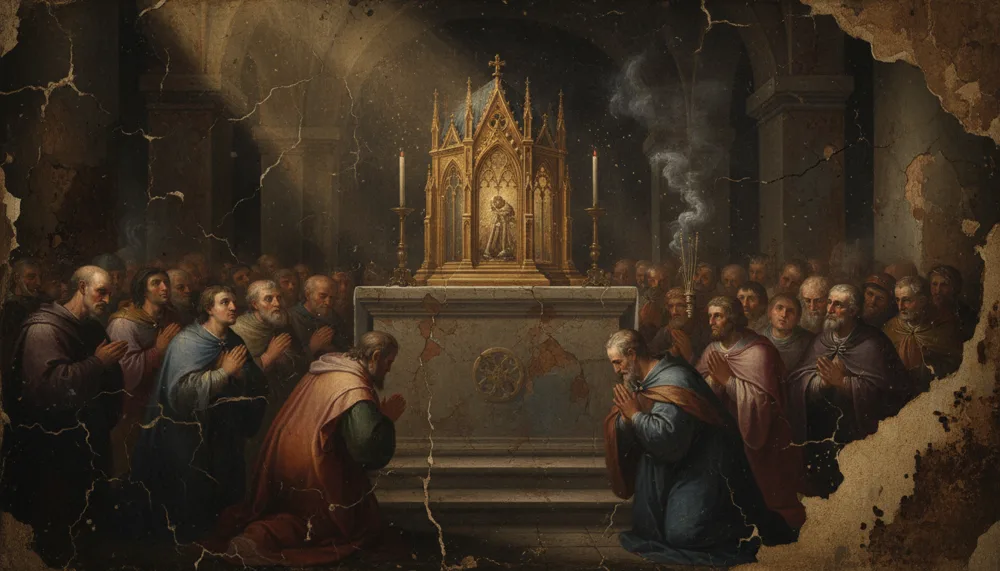 Betende Gestalten knien um eine goldene gotische Monstranz auf einem Altar in einem gewölbten Raum