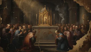 Betende Gestalten knien um eine goldene gotische Monstranz auf einem Altar in einem gewölbten Raum
