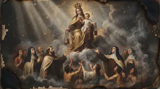 Cracked painting of the crowned Virgin and Child holding brown scapulars above clouds as robed figures reach up below