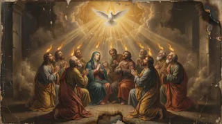 A veiled woman and men kneel in prayer with flames above their heads beneath a descending white dove and rays of light