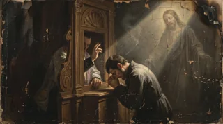 A man kneels at a wooden confessional beside a priest, a luminous robed figure of Christ behind him