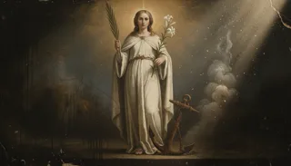 St Philomena as a haloed woman in white holding a palm and lily, standing beside a rusted anchor amid mist