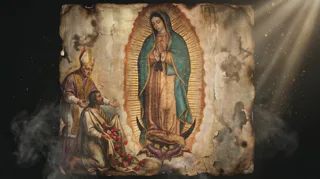 Aged painting of the veiled Virgin of Guadalupe on a golden mandorla, a bishop and a kneeling man with red roses beside her