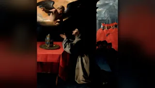 St Bonaventure in his Franciscan habit kneels in prayer before the papal tiara as an angel appears — Zurbarán