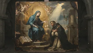 Distressed oil painting of a seated veiled woman handing a glowing rosary to a kneeling friar, cherubs above in the clouds