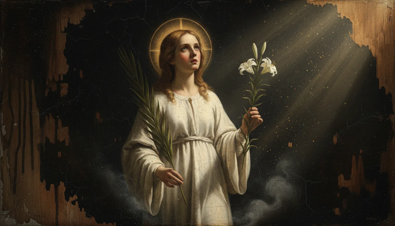 Święta Filomena w białej szacie trzyma palmę męczeństwa i lilię dziewictwa, z aureolą