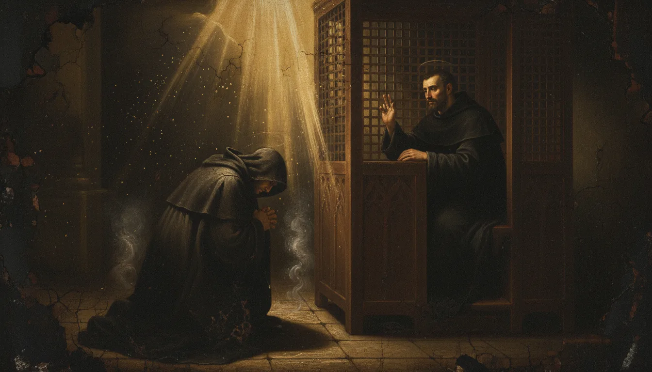 A sorrowful penitent kneeling as a robed priest raises his hand in absolution