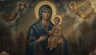 Notre-Dame du Perpétuel Secours : femme voilée assise remettant un ruban blanc à un ange ailé qui le dénoue, chérubins au-dessus