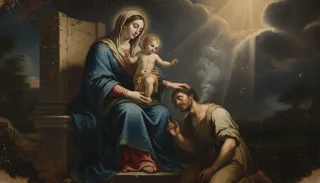 Seated veiled Virgin holding the Child, who touches the head of a kneeling bearded man outdoors