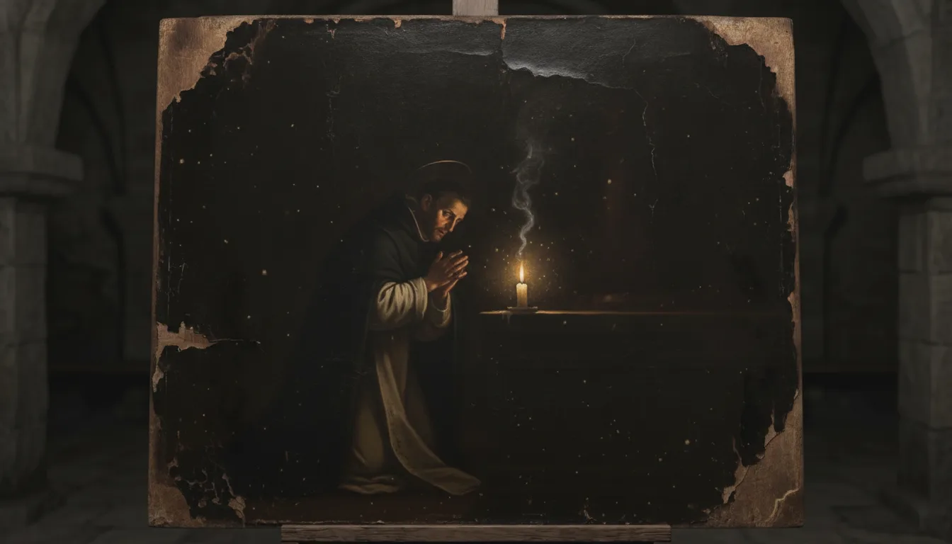 Un penitente de rodillas pide a Dios luz para conocer sus pecados a la luz de una vela