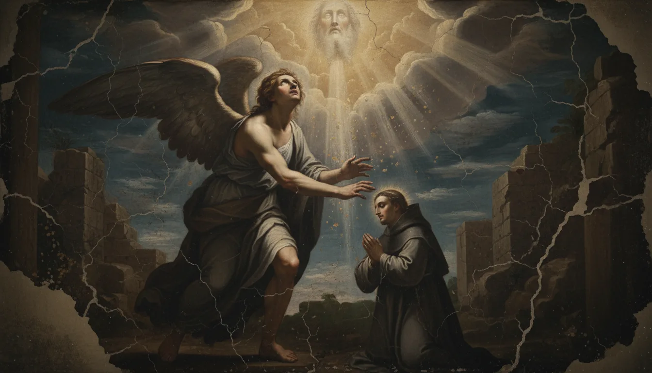 Un angelo custode contempla il volto luminoso di Dio nei cieli mentre veglia sull'anima affidata
