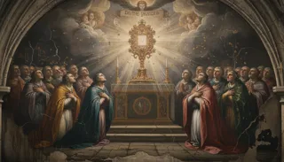 Kneeling robed figures flanking a golden monstrance on an altar beneath a banner reading Divine Praises