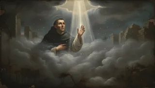 Oil painting of a haloed friar in black-and-white habit rising through clouds toward a bright light beam over ruins