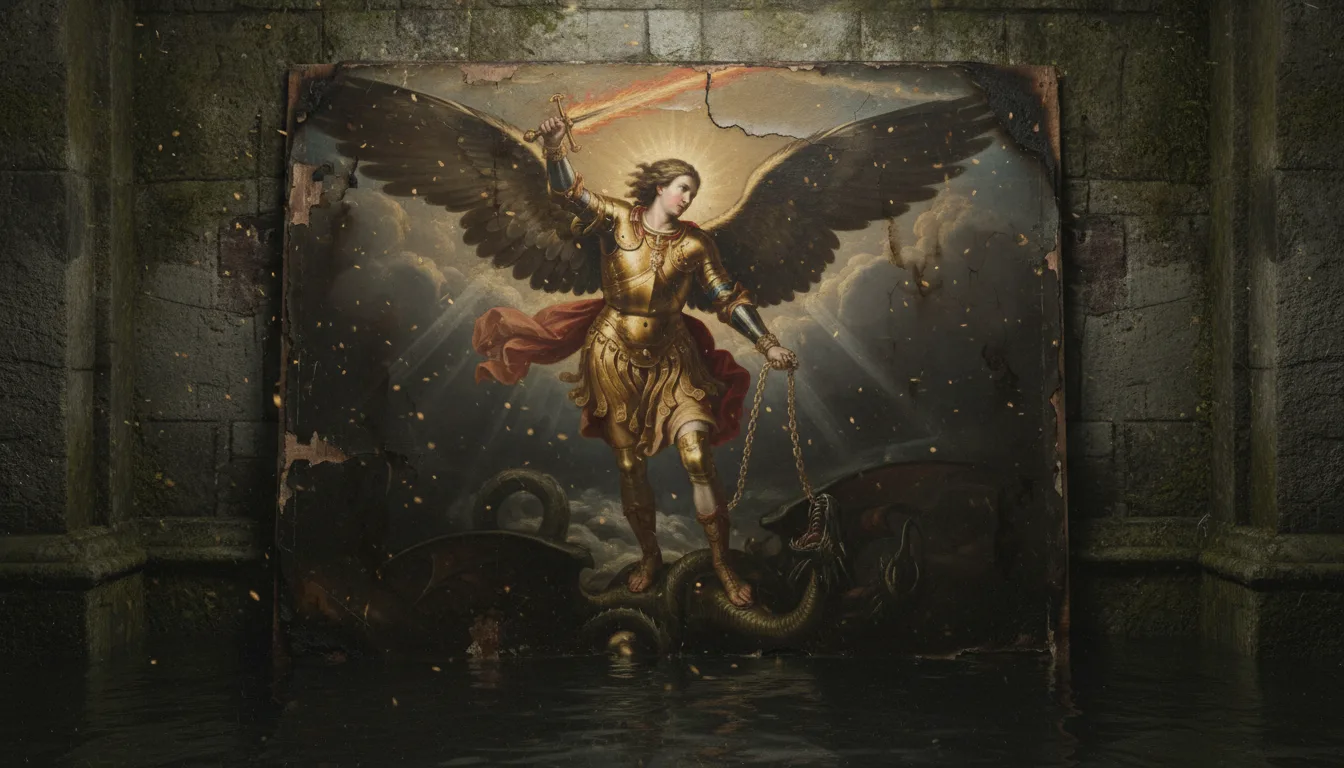 Saint Michel Archange en armure dorée terrassant le dragon, l'antique serpent, et le jetant enchaîné dans l'abîme