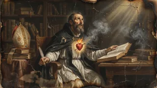 Santo Agostinho, frade barbado de hábito, à escrivaninha com pena, coração em chamas no peito e livros abertos