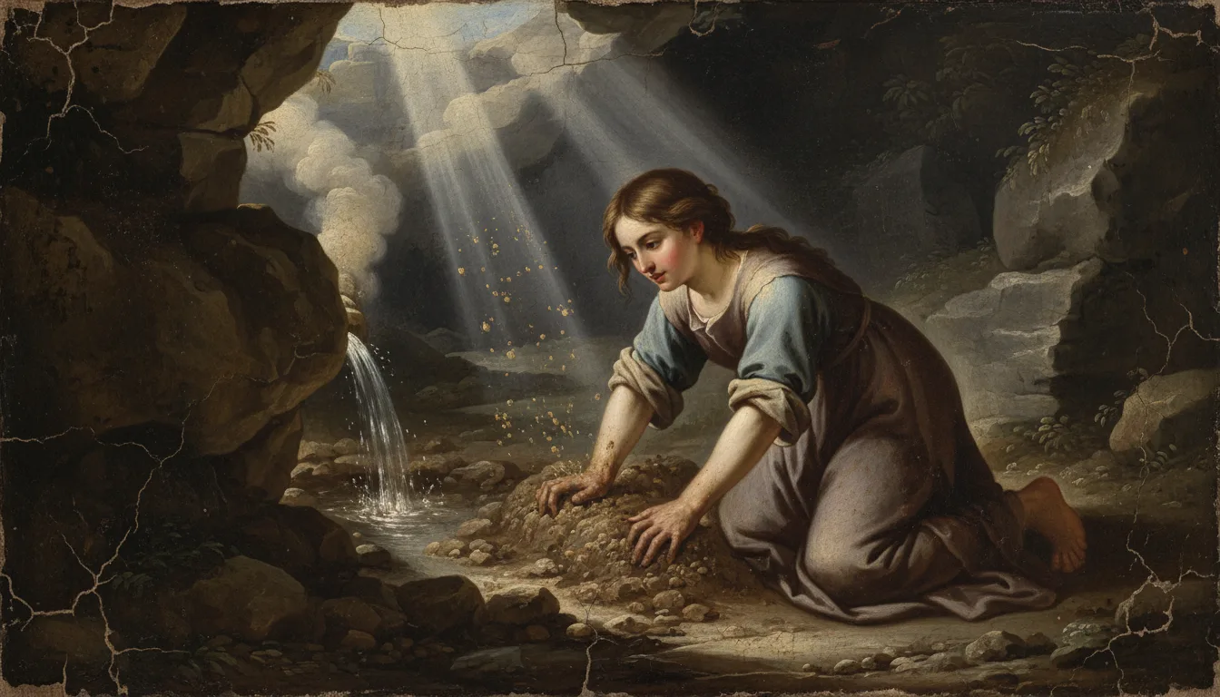 Bernadette uncovering the miraculous healing spring with her hands in the grotto