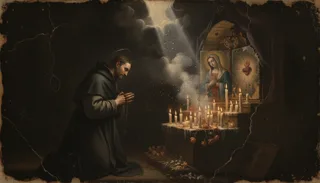 A hooded monk kneels with a rosary before a candlelit shrine bearing an image of a veiled woman with a flaming heart