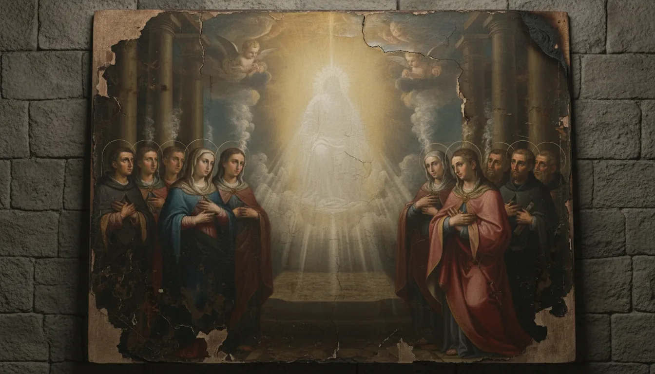 A vast assembly of haloed saints gathered before an enthroned radiant figure