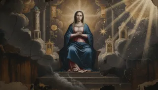 Dipinto: una donna in veste sulla luna crescente e il serpente, incoronata da due angeli, con torre e rosa nel cielo dorato