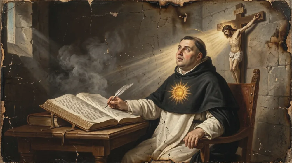 A tonsured friar in a Dominican habit writing with a quill at a desk, glancing up toward a crucifix